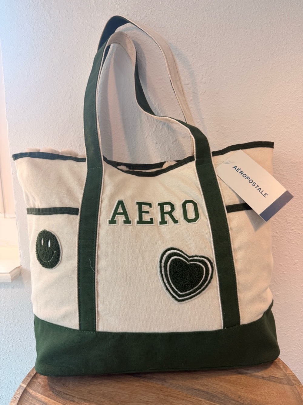 Aeropostale Cream and Dark Green Canvas Tote Bag